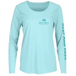 Reef & Reel Women's Retro Sailfish Long Sleeve Performance Shirt -Professional Fishing Equipment Store Aqua Swordfish WomensLS FrontPerformance
