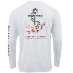 Reef & Reel American Made Men's Long Sleeve Performance Shirt -Professional Fishing Equipment Store Made Wht LS BCK Performance
