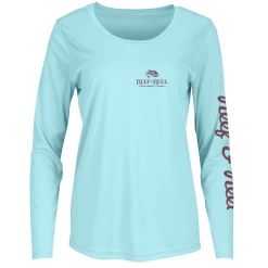 Reef & Reel Women's Palm Tree Performance LS Shirt -Professional Fishing Equipment Store Womens PinkPalm Aqua FrontLongSleevePerformance