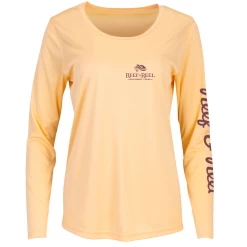 Reef & Reel Women's Palm Tree Performance LS Shirt -Professional Fishing Equipment Store Womens PinkPalm Peach FrontLongSleevePerformance