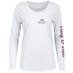 Reef & Reel Women's Palm Tree Performance LS Shirt -Professional Fishing Equipment Store Womens PinkPalm White FrontLongSleevePerformance